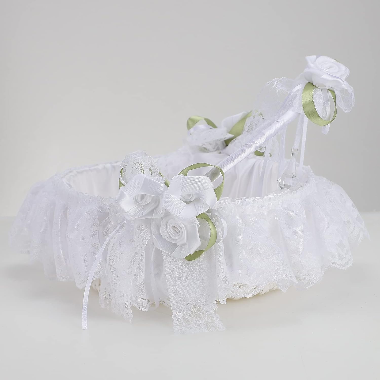 Cestas de flores de marfil para bodas, cesta de niña de flores decorada con encaje, flores de satén y cristal artificial, cestas de boda grandes