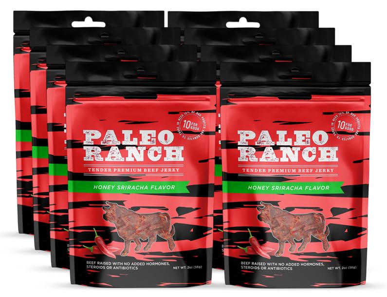 PALEO RANCH Grass-Fed Beef Jerky, All Natural, No Added Hormones, No Preservatives, 2-oz. Pouches, 8-Pack (Honey Sriracha)