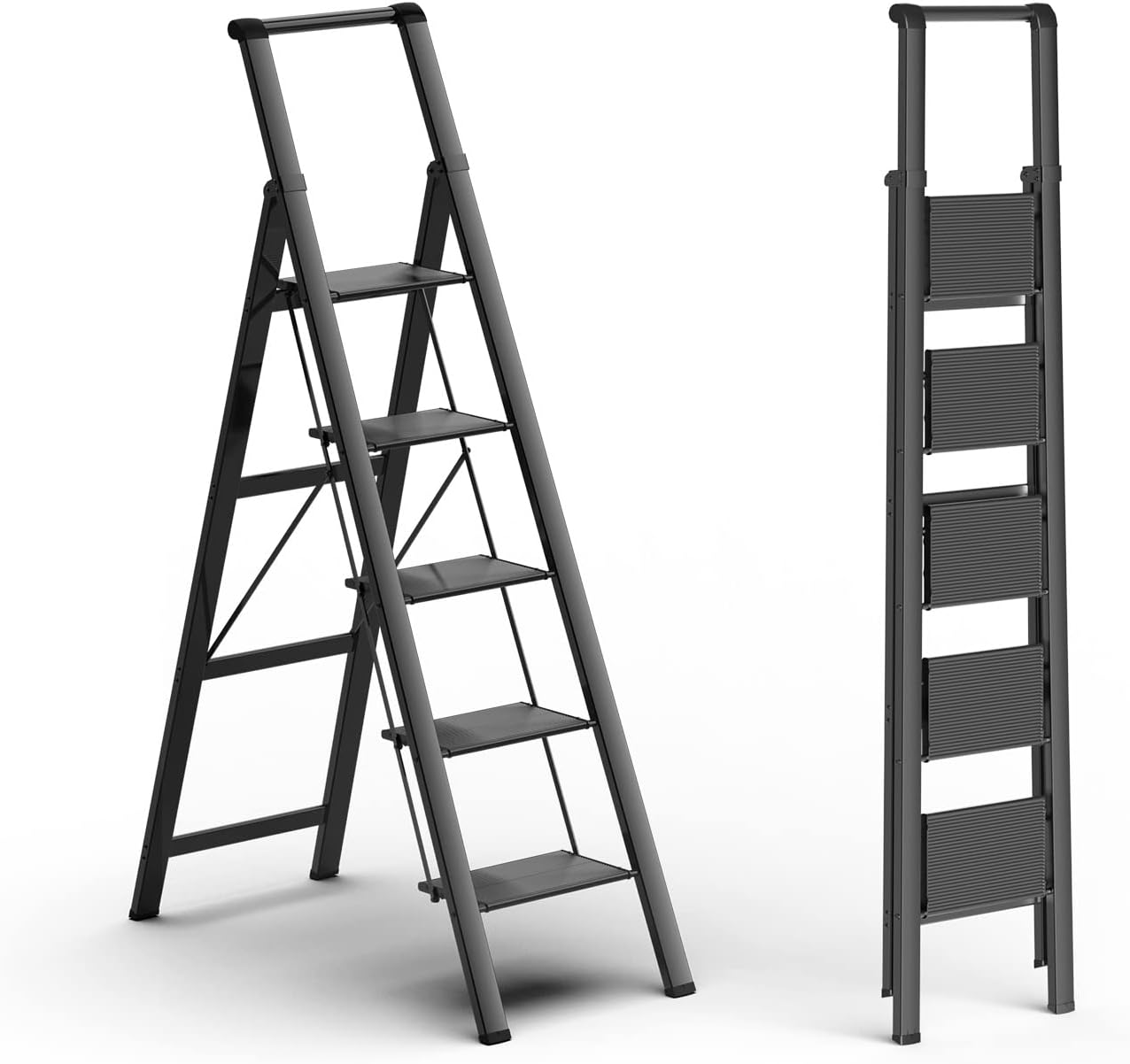 GameGem Escalera plegable de aluminio ligero de 5 escalones con pedal antideslizante y ancho para uso en el hogar y la cocina, ahorro de espacio