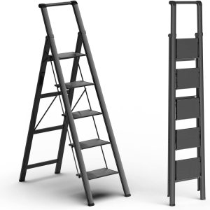 GameGem Escalera plegable de aluminio ligero de 5 escalones con pedal antideslizante y ancho para uso en el hogar y la cocina, ahorro de espacio GameGem Escalera plegable de aluminio ligero de 5 escalones con pedal antideslizante y ancho para uso en el hogar y la cocina, ahorro de espacio