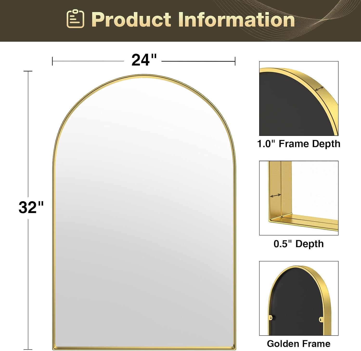 Brightify Espejo arqueado, espejo de pared arqueado, 23.9 x 31.9 pulgadas, espejo de arco dorado con marco de metal, espejo de baño con parte