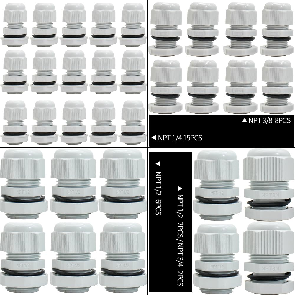 Juego de 33 conectores de cable impermeables de plástico tipo NPT de 14 pulgadas, 38 pulgadas, 12 pulgadas, 34 pulgadas (33 unidades, blanco)