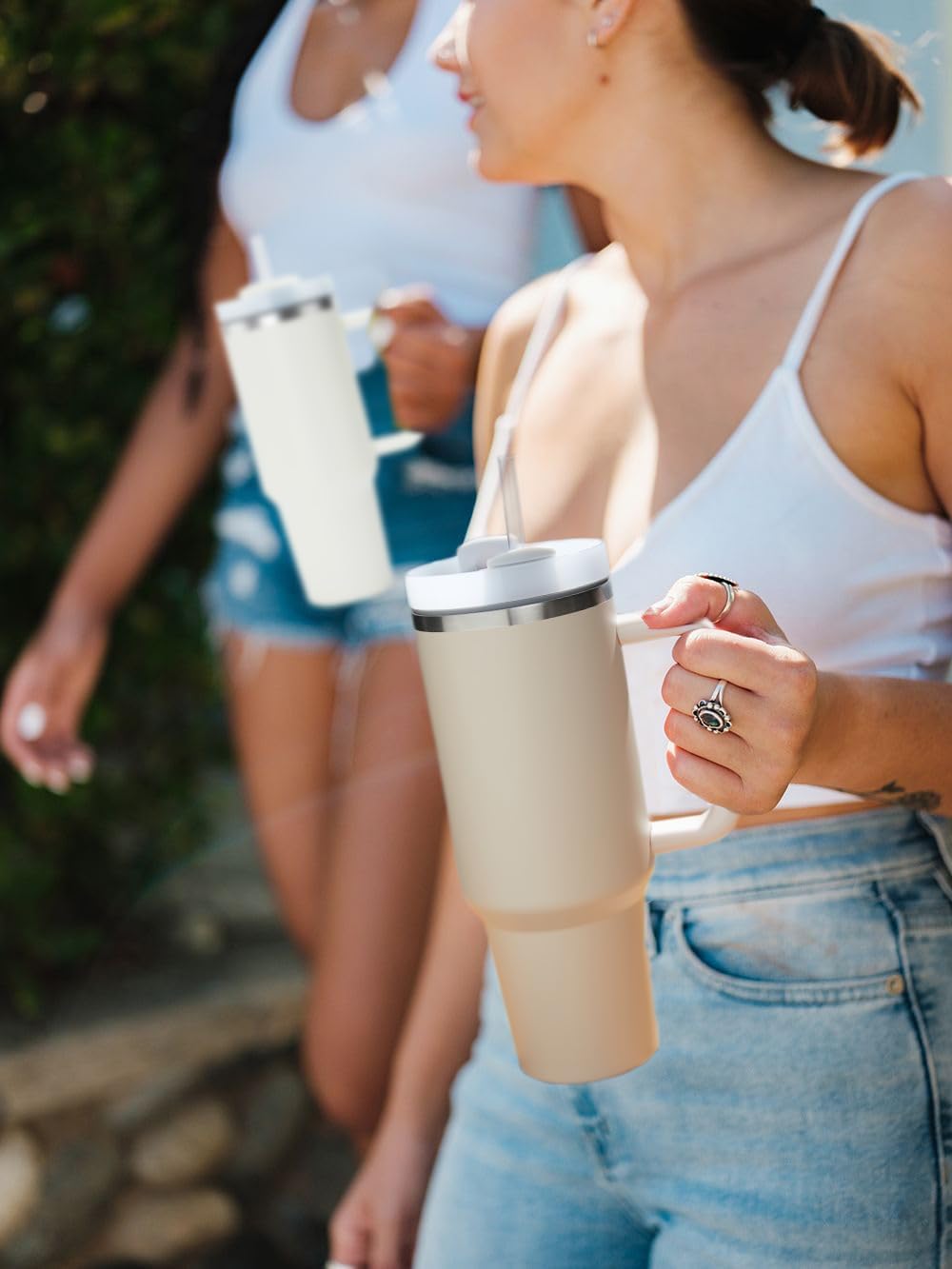 Vaso de 40 onzas con asa y tapa con pajilla, vaso de acero inoxidable aislado al vacío, taza de viaje para agua, té helado o café, batido, regalos