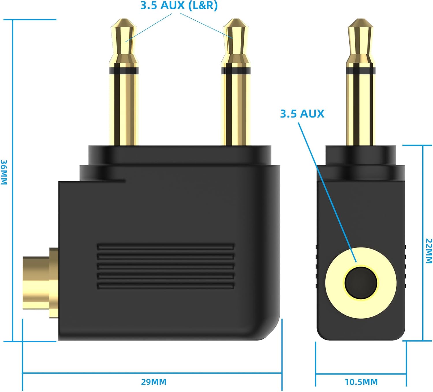 Adaptador doble de auriculares de avión macho a 0.138 in hembra chapado en oro (paquete de 2)