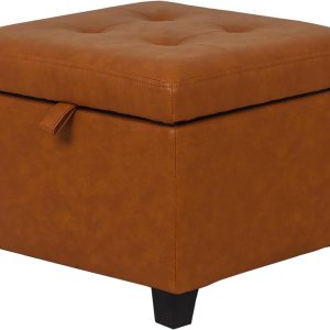 Asense Otomana cuadrada de almacenamiento, reposapiés tapizado de piel sintética con patas de madera negra, marrón Asense Otomana cuadrada de almacenamiento, reposapiés tapizado de piel sintética con patas de madera negra, marrón