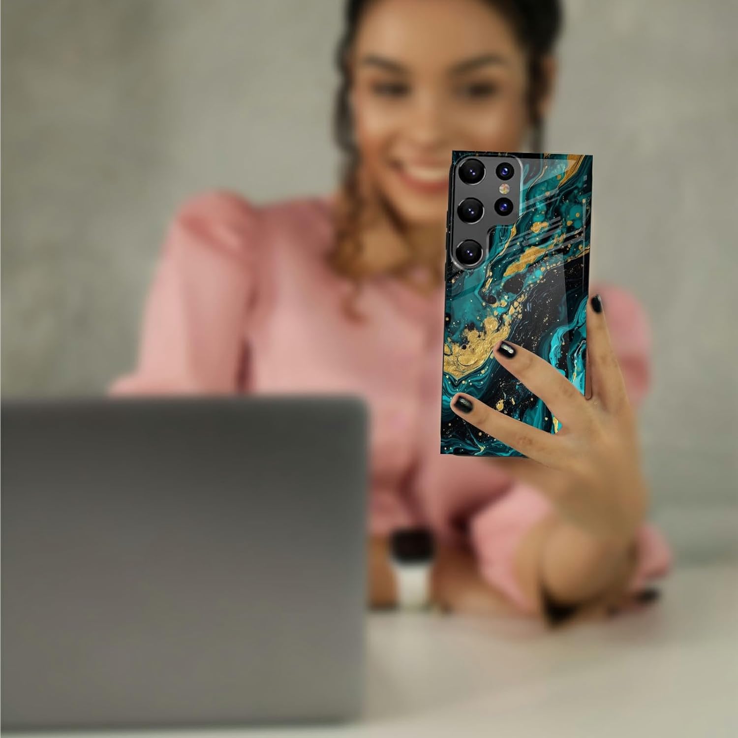 Funda para teléfono Samsung Galaxy S21 Ultra con protector de pantalla de vidrio templado delgado, cubierta negra, diseño elegante de mármol verde