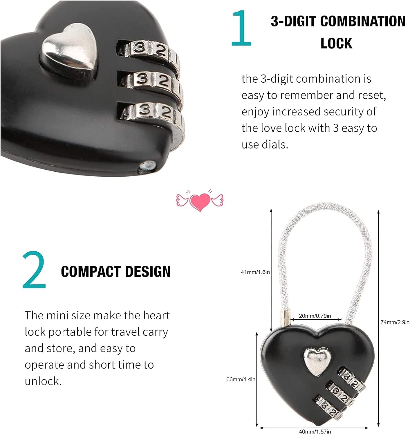 Cerradura de código en forma de corazón negro, tamaño mini compacto con combinación de código de 3 dígitos para equipaje, mochila, joyero, candados