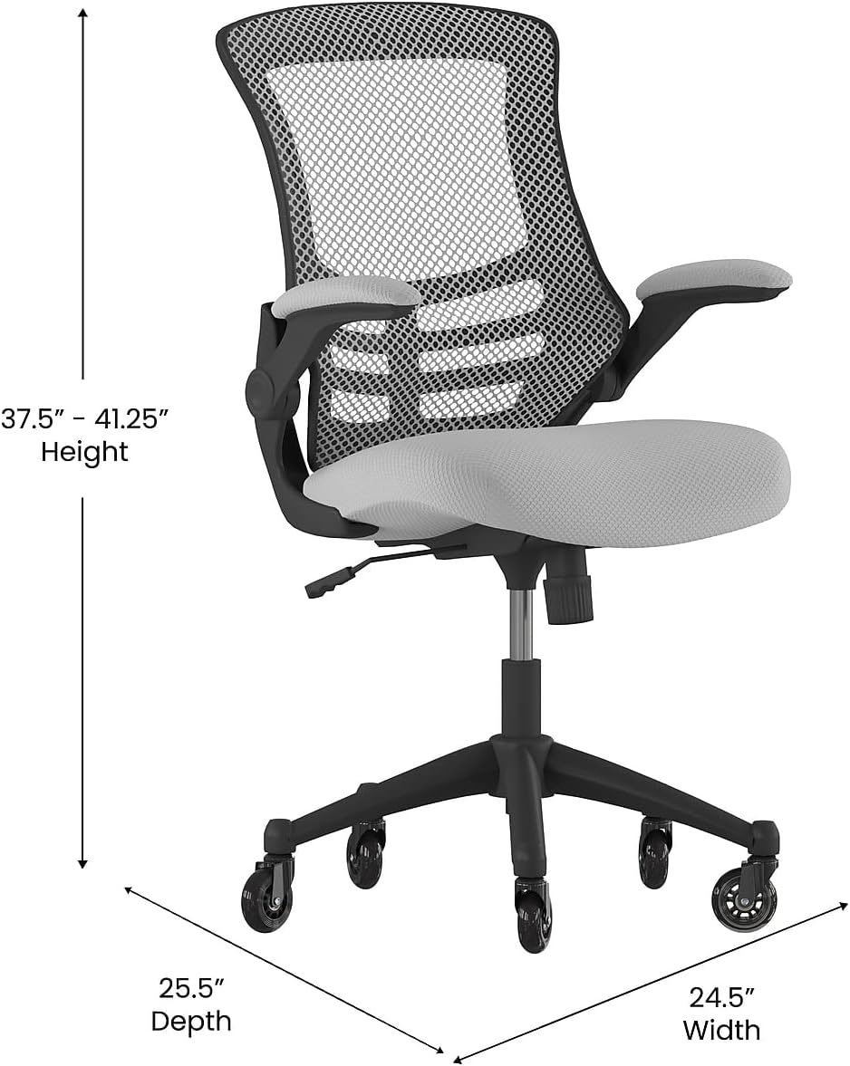 Flash Furniture Kelista Silla ergonómica giratoria de malla gris oscuro con brazos abatibles y ruedas transparentes