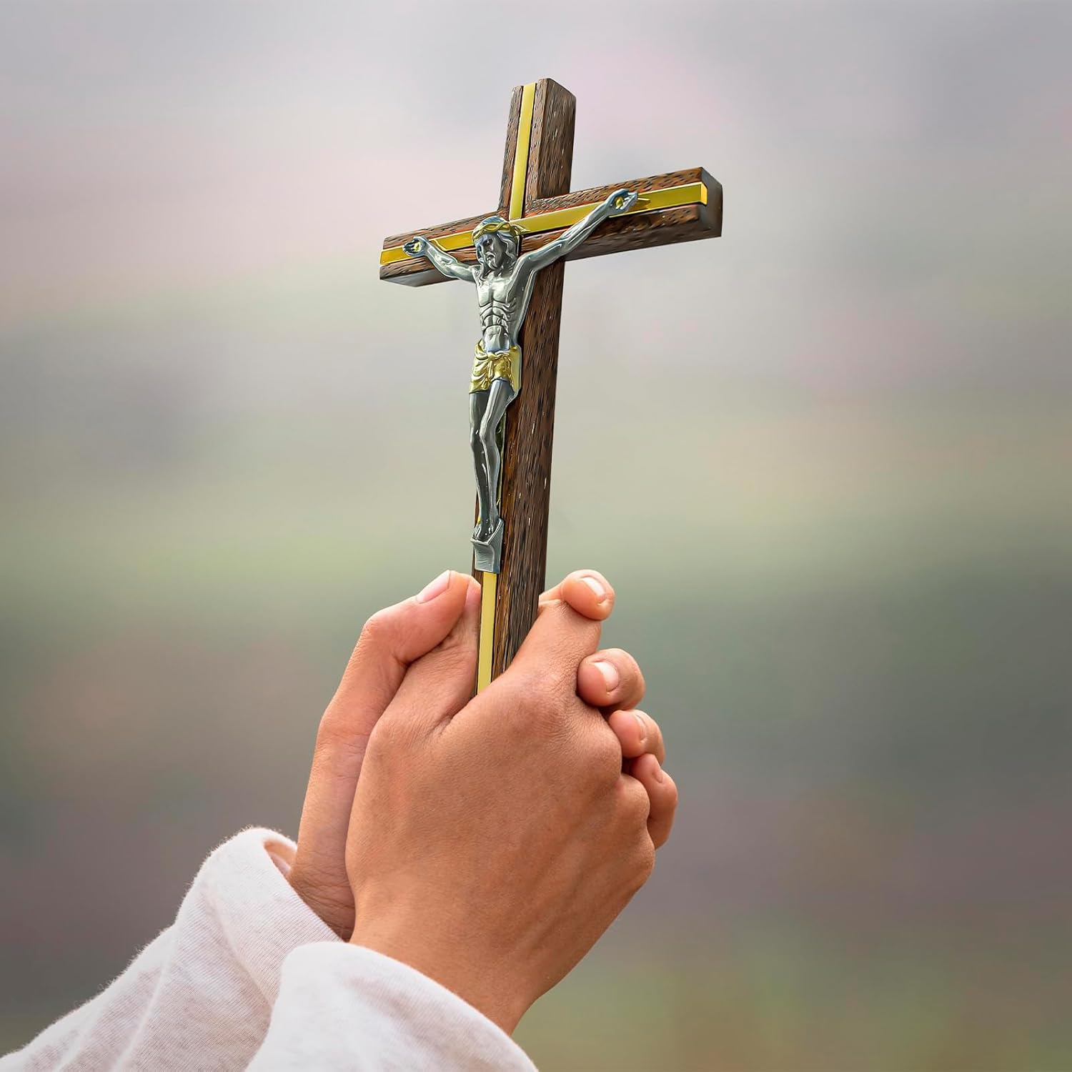 Crucifix Wall Cross, 10 Inch Wood Crucifix for Wall, with Wooden Rosary, Handmade Catholic Crosses