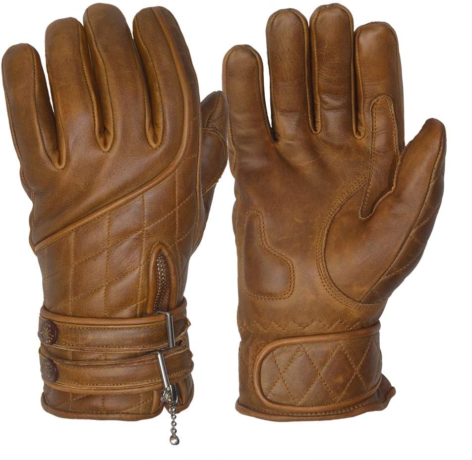Goldtop Quilted Cafe Race – Guantes de cuero para motocicleta, color marrón encerado (S – 7.5 a 7.75 pulgadas)