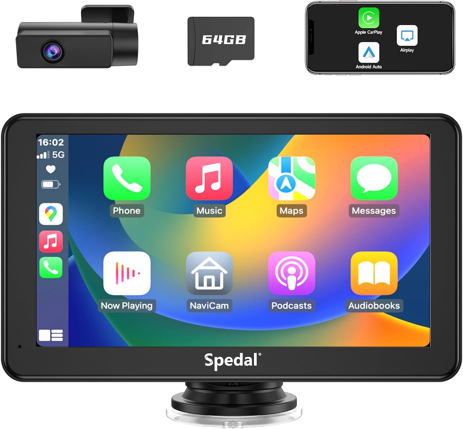 Spedal Receptores estéreo inalámbricos para Apple CarPlay y Android Auto, pantalla táctil IPS portátil de 7 pulgadas con cámara frontal,