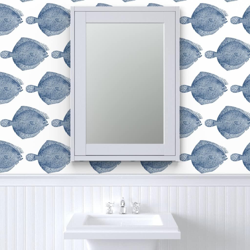 Spoonflower Papel tapiz extraíble de 12 x 2 pies – Ilustración vintage pez platija – Papel tapiz blanco y azul personalizado prepegado
