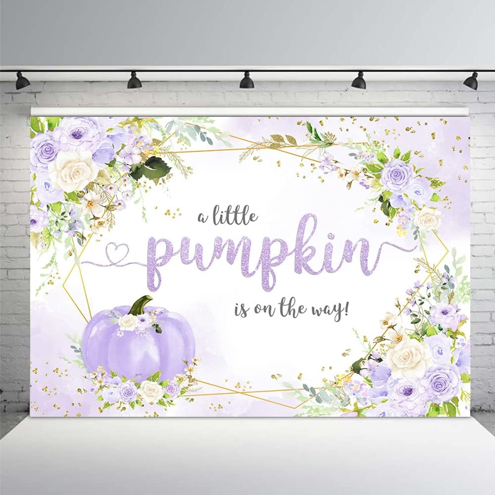 MEHOFOND Telón de fondo de calabaza de otoño de 7 x 5 pies para niña, baby shower, decoración de fiesta floral morado para bebé, niña, decoración de