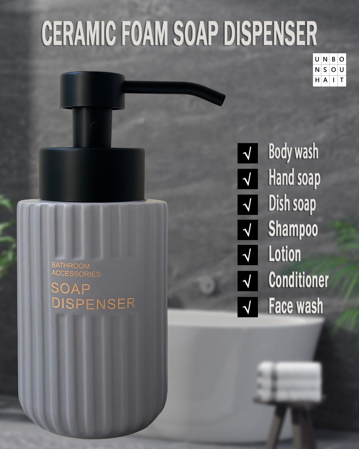 Dispensador de jabón espumoso de 11.5 onzas para baño, dispensador de jabón de espuma de cocina, botella de espuma moderna recargable, dispensador