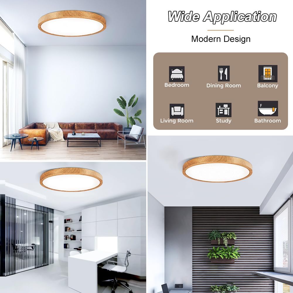 Lámpara de techo LED de grano de madera de 12 pulgadas, montaje empotrado, alfombrilla de ABS, 6000 K blanco frío, 24 W, lámpara de techo redonda