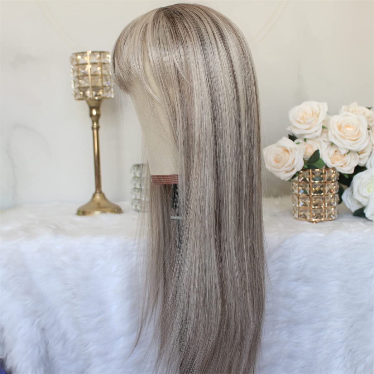 Aisom Peluca sintética larga y recta con flequillo, mezcla de platino marrón y rubio ceniza, pelucas ombré para mujer, peluca con reflejos