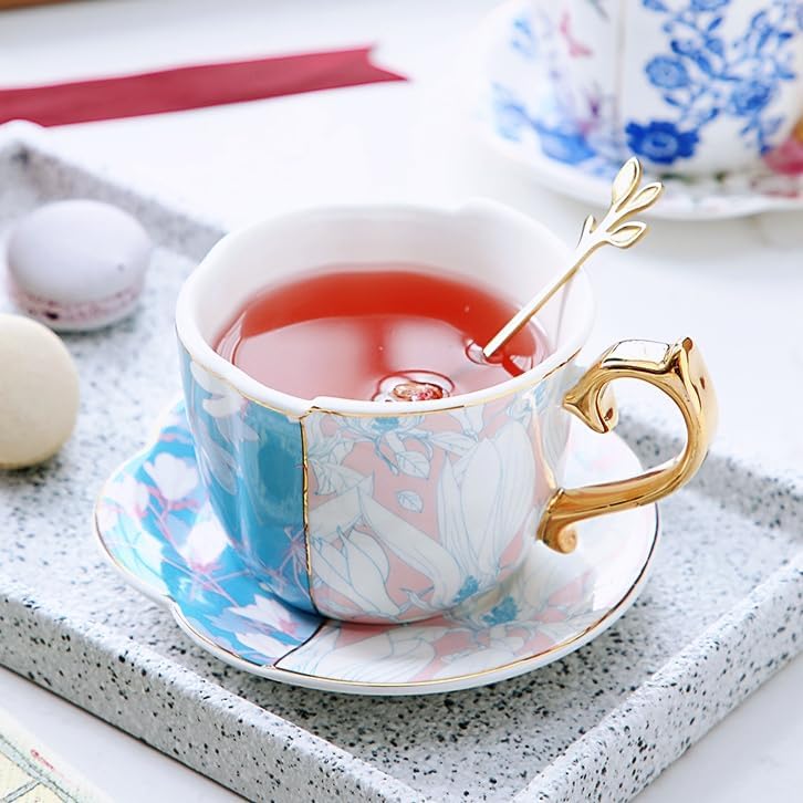 Pfedxoon Taza de té de porcelana de hueso con cuchara, juego de 3 piezas (7 onzas), tazas de capuchino, tazas de café, juego de tazas de té, tazas