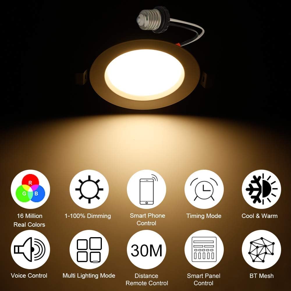 Sumaote – Kit de luces descendentes LED de 5W, inalámbricas, con control por Bluetooth, empotrables, RGBWC, 5 en 1, para iluminación de techo,