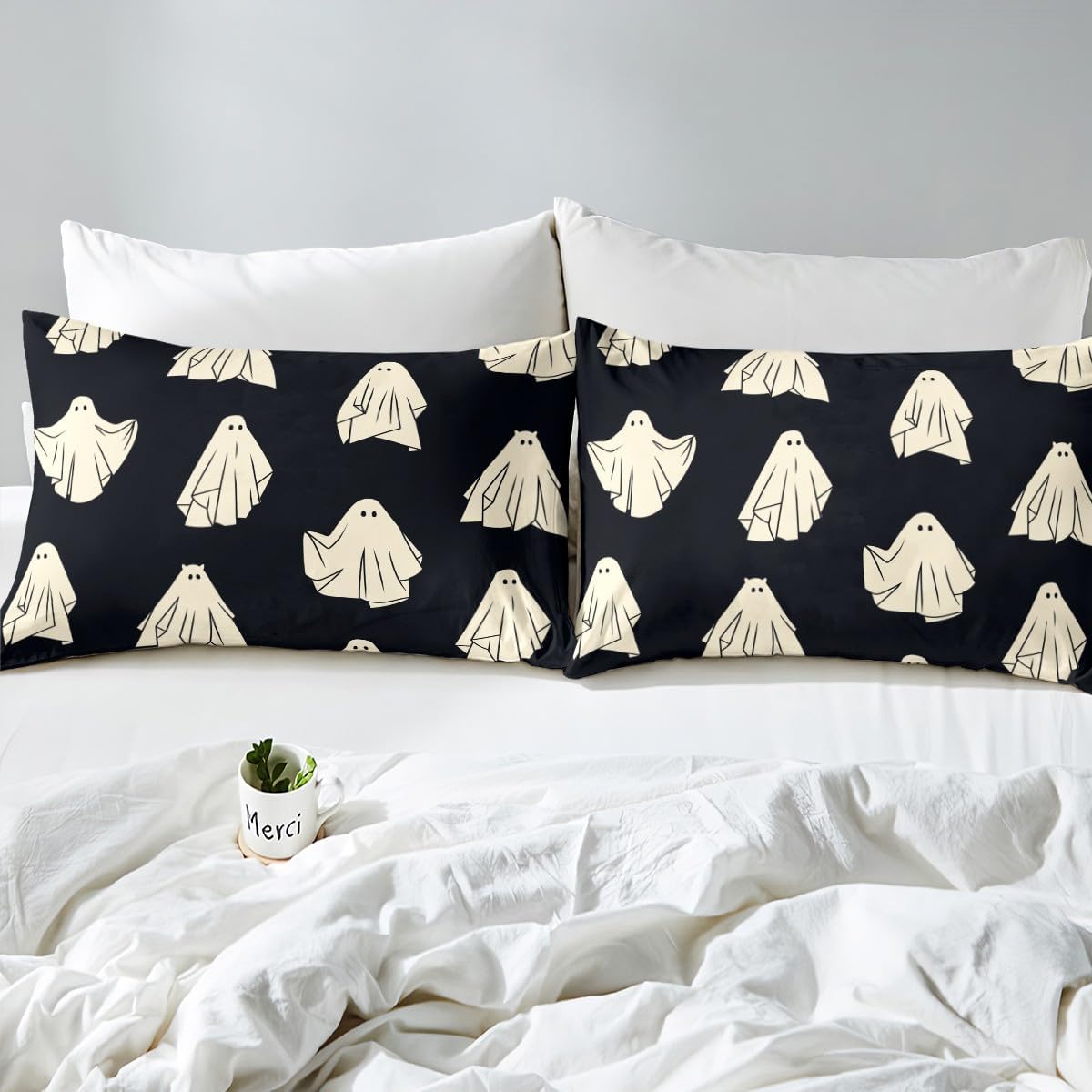 Castle Fairy Sábana bajera ajustable con estampado de fantasmas de Halloween para niños, ropa de cama de tela decorativa suave, color negro,