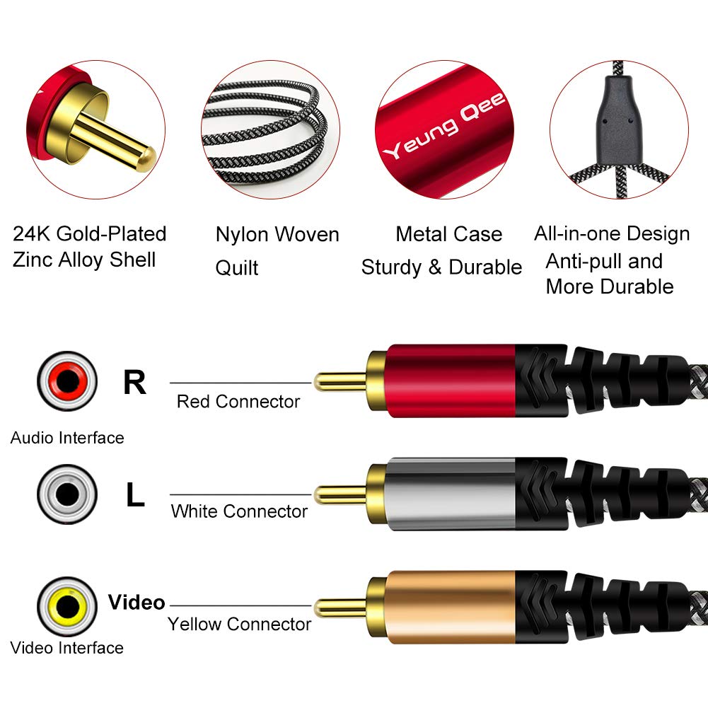 Cable RCA de audio y video de 12 pies, Yeung Qee 3RCA macho a 3RCA macho compuesto AV cable compatible con decodificador, altavoz, amplificador,