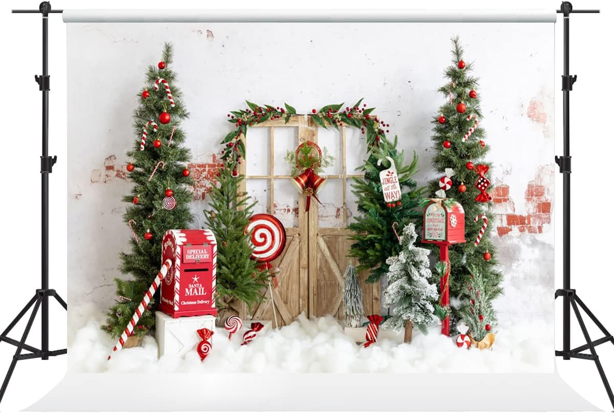 Kate Telón de fondo de Navidad de 10 x 6.5 pies, pared de ladrillo, puerta de madera, regalo de árbol de Navidad, barril de aceite, fondo decorativo