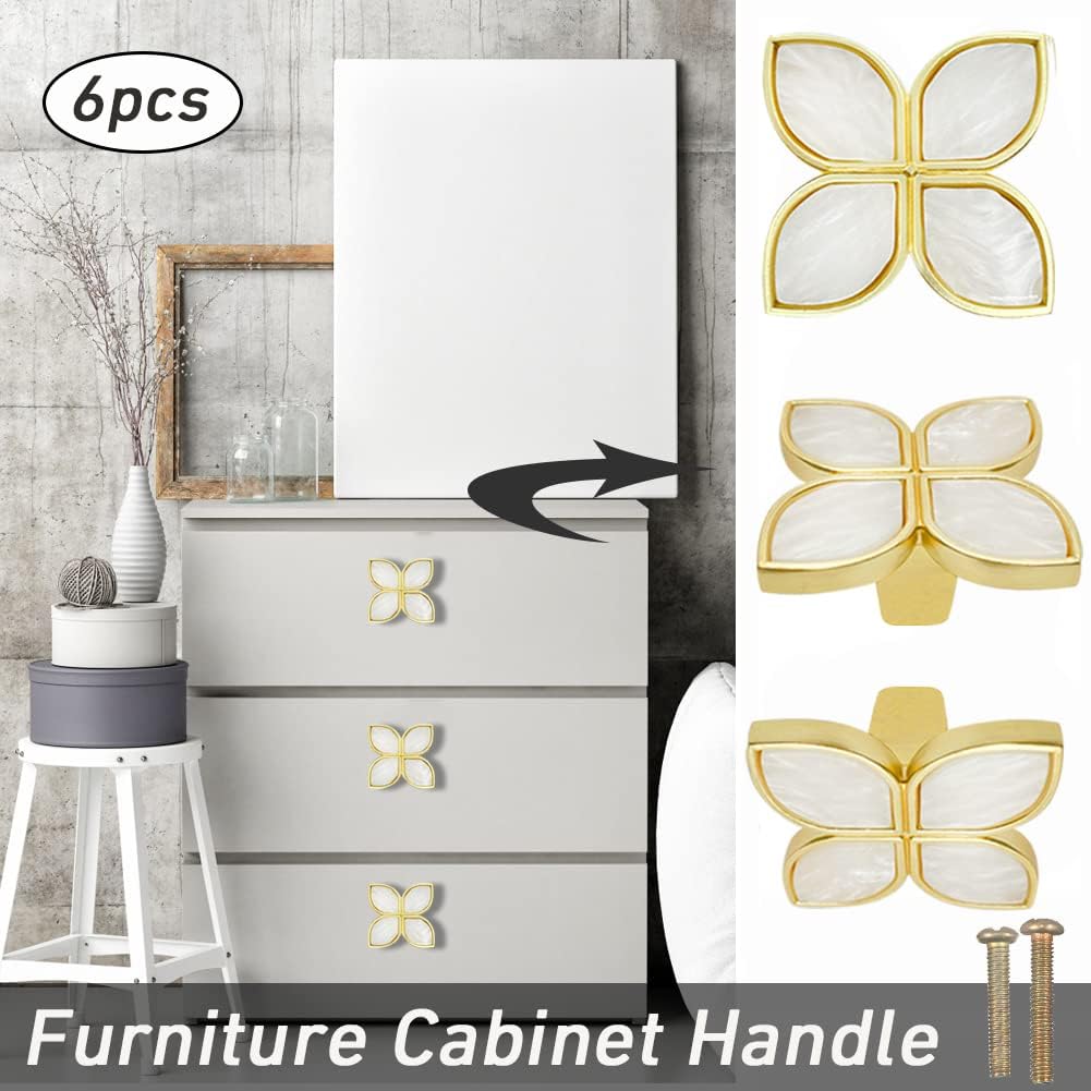 6 pomos de pétalos dorados para gabinetes de cómodas, pomos decorativos de trébol de cuatro hojas, manija para cajones de puertas y armarios,