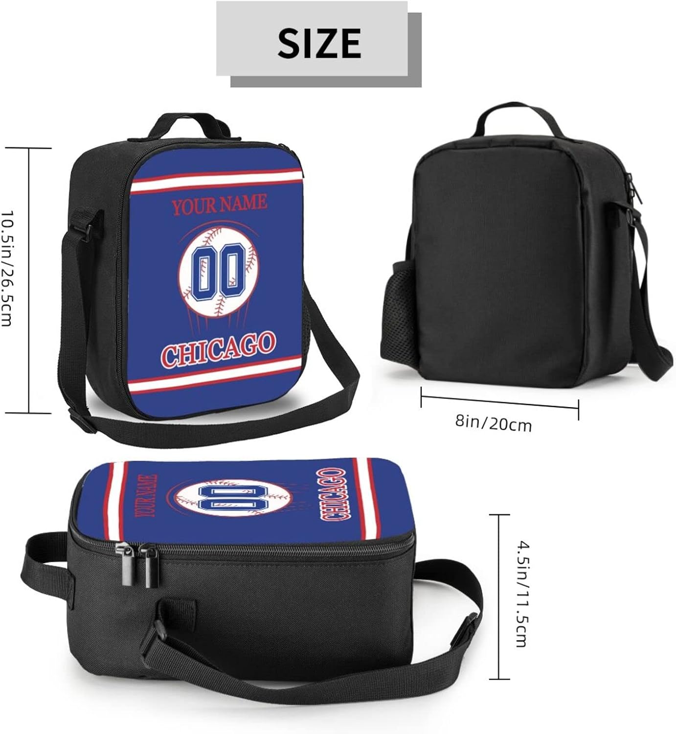 Chicago – Lonchera personalizada con cualquier nombre y cualquier número, correa ajustable personalizada, bolsas de almuerzo con aislamiento