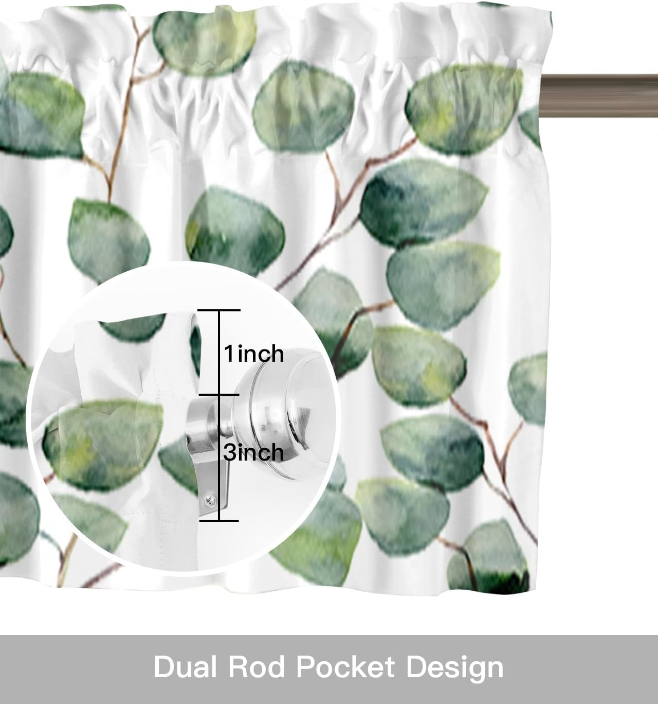 Vandarllin Cortinas de cocina de hojas de eucalipto en acuarela para ventanas, cortinas de verano con bolsillo para cortinero verde y blanco,