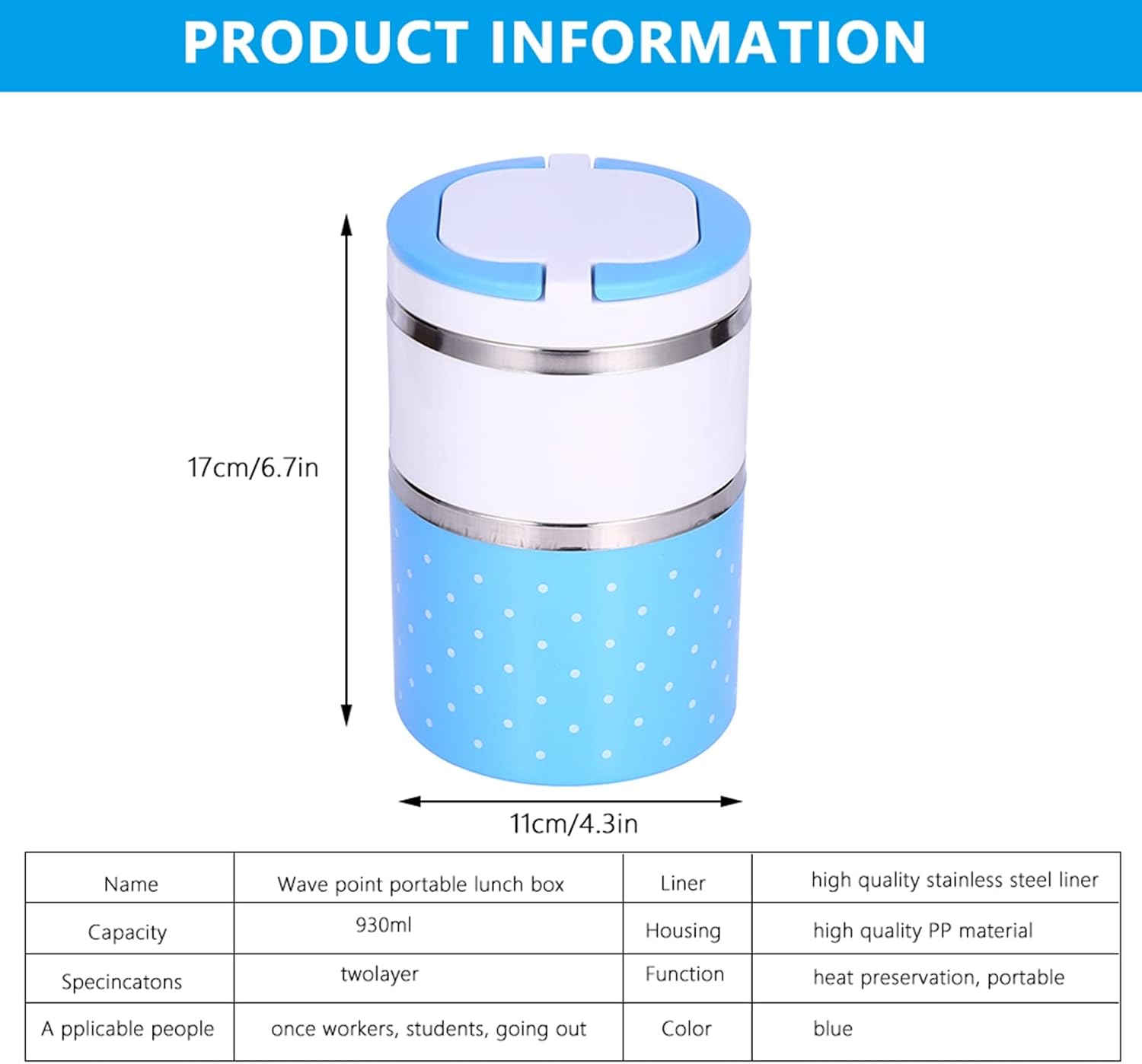 Fiambrera de 2 capas de aislamiento de acero inoxidable termo térmica lonchera contenedor de alimentos suministros de cocina