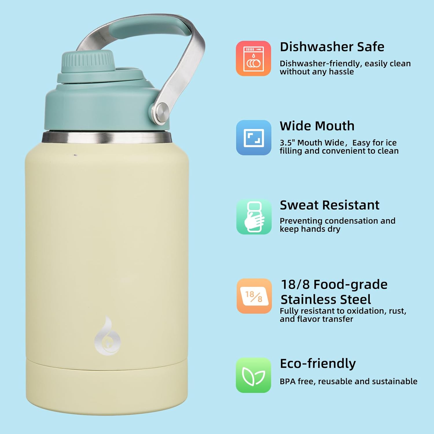 BJPKPK Botellas de agua aisladas de 64 onzas, botella de agua de medio galón apta para lavavajillas, con mango de metal, tapa de boquilla sin BPA y