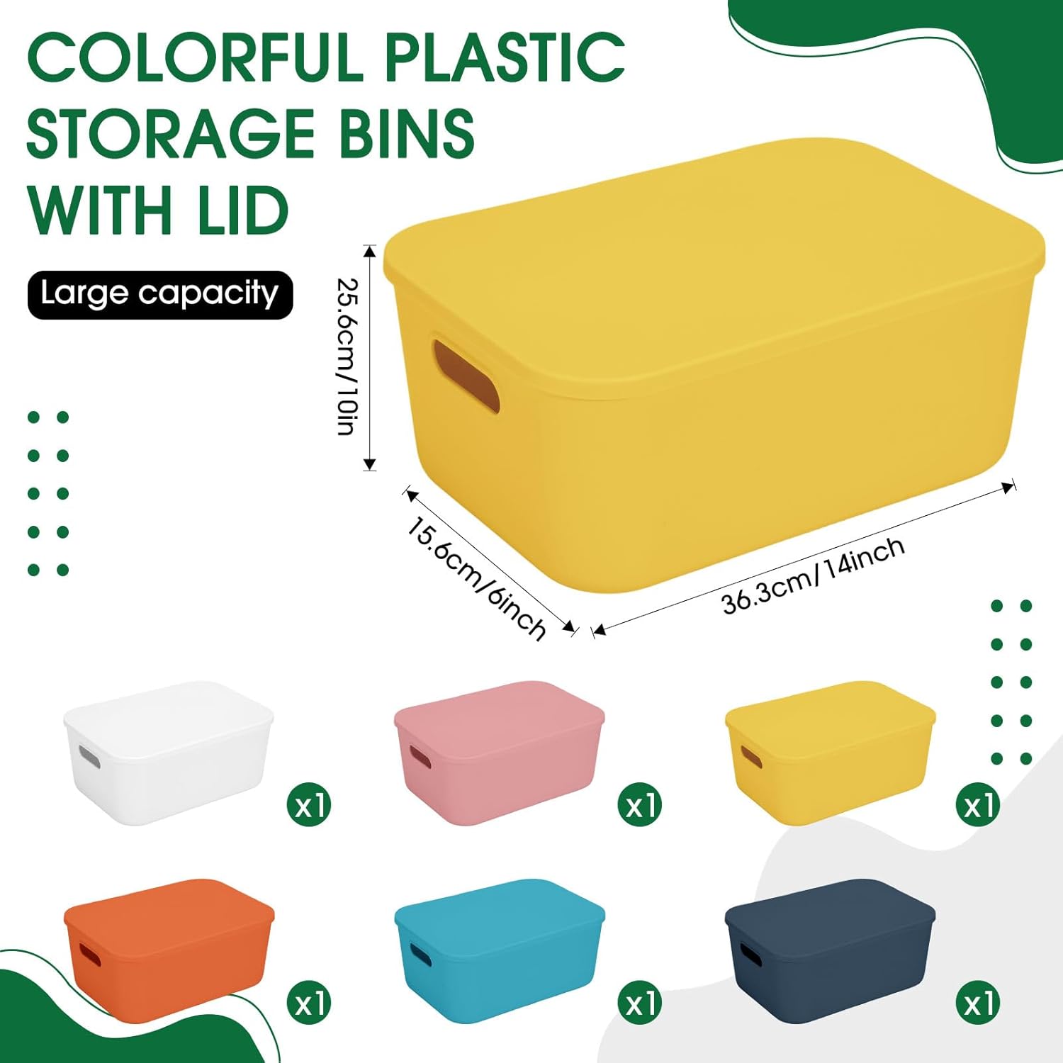 6 contenedores de almacenamiento de plástico coloridos de 14 pulgadas, 6 colores, apilables, de gran capacidad, caja de almacenamiento de plástico