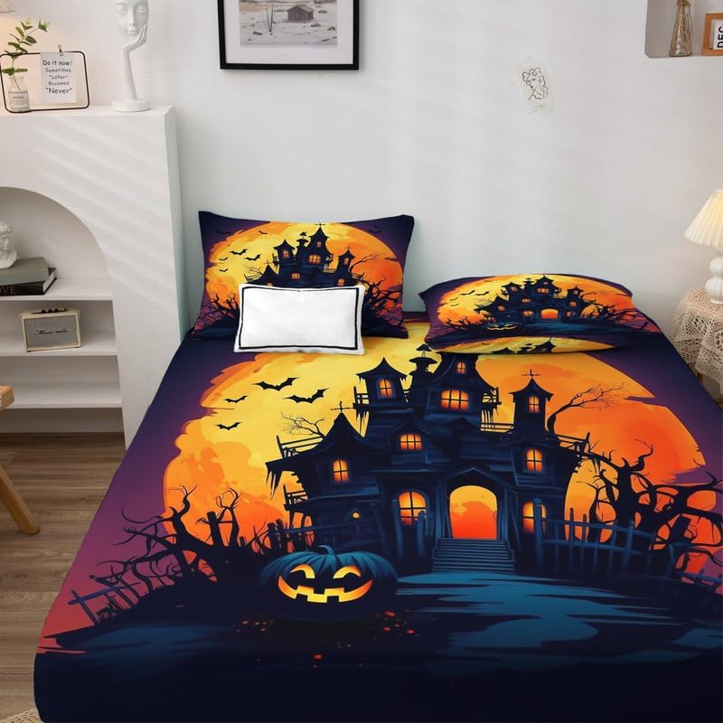 zcsm Juego de sábanas de Halloween tamaño King, diseño de castillo espeluznante murciélago y calabaza, para niños y niñas, microfibra suave,