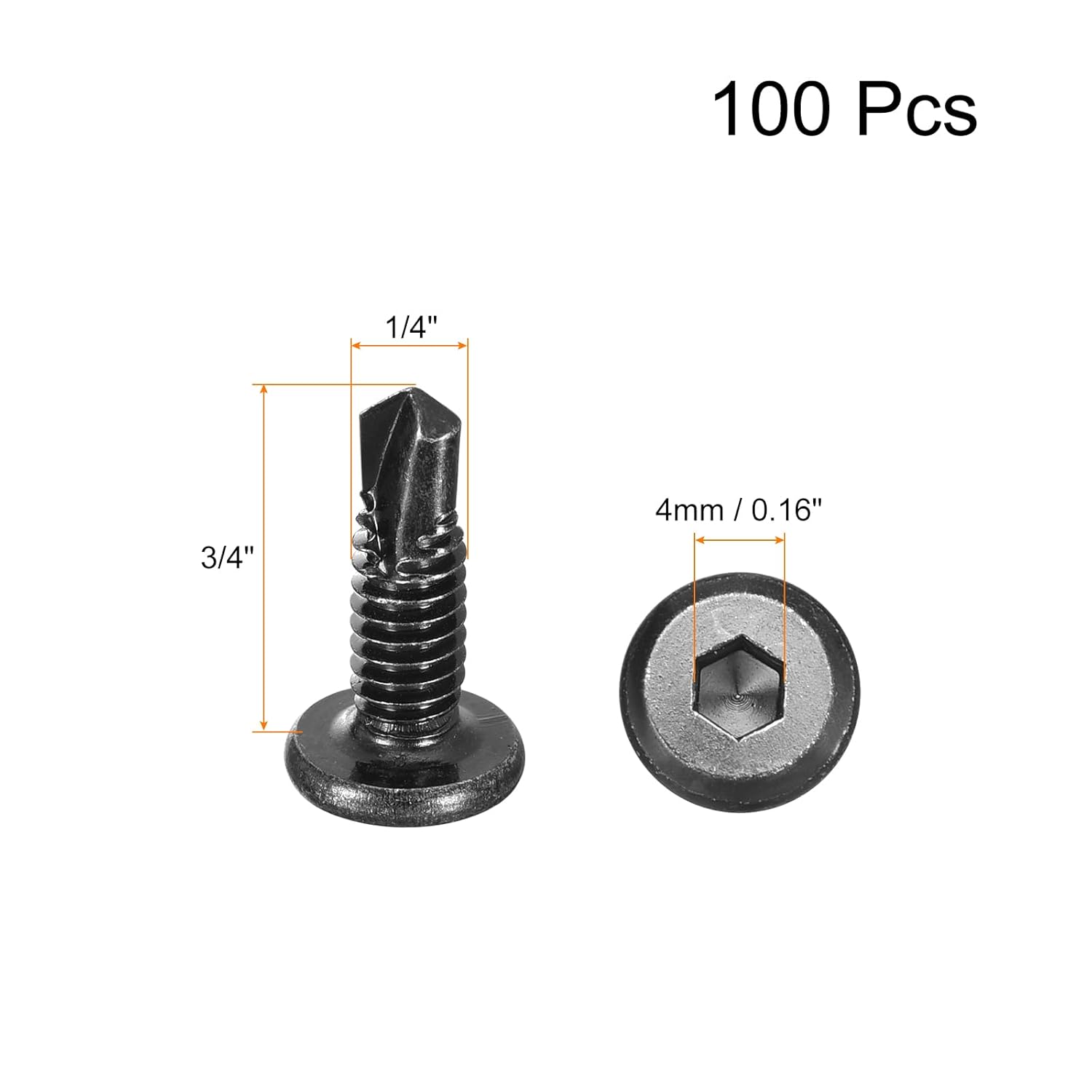 uxcell Tornillos autorroscantes hexagonales, 14 x 34 “410 Tornillo de perforación de cabeza plana de chapa de acero inoxidable 410, 100 piezas, negro