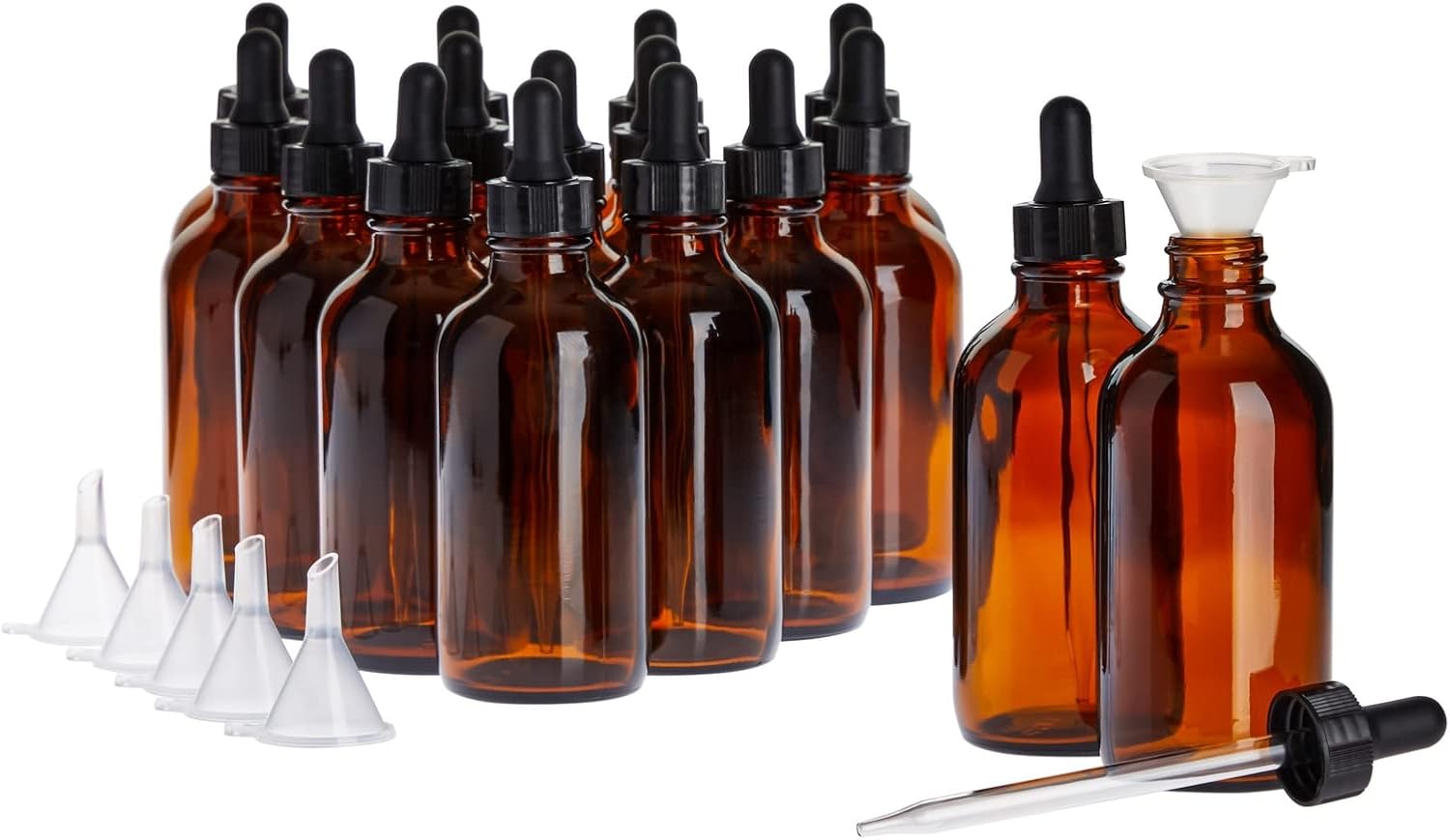 Juvale Paquete de 15 botellas de vidrio ámbar de 4 onzas con dispensador de cuentagotas y 6 embudos para aceites esenciales, viajes, perfumes,