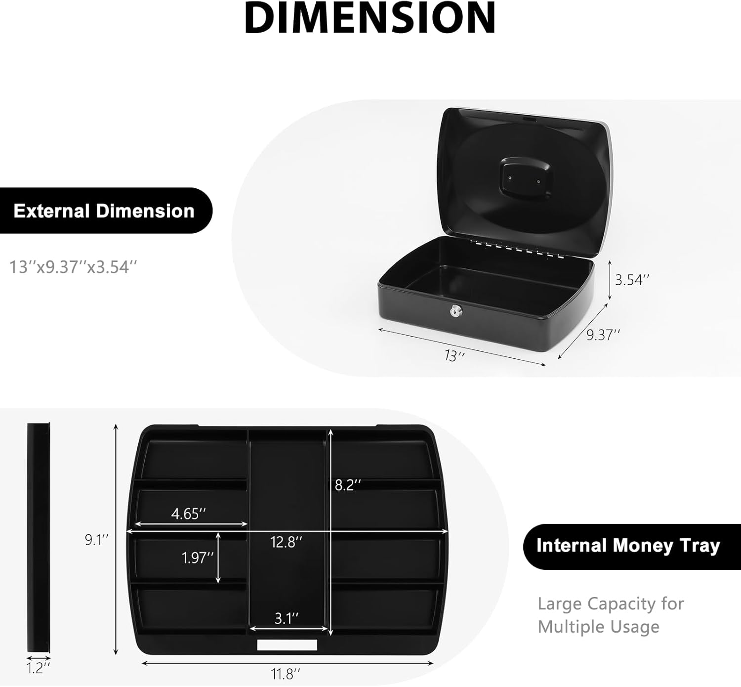 xydled Caja de efectivo con bandeja de dinero y cerradura de llave, organizador de metal para ahorro de dinero, caja fuerte, cajón ovalado para caja