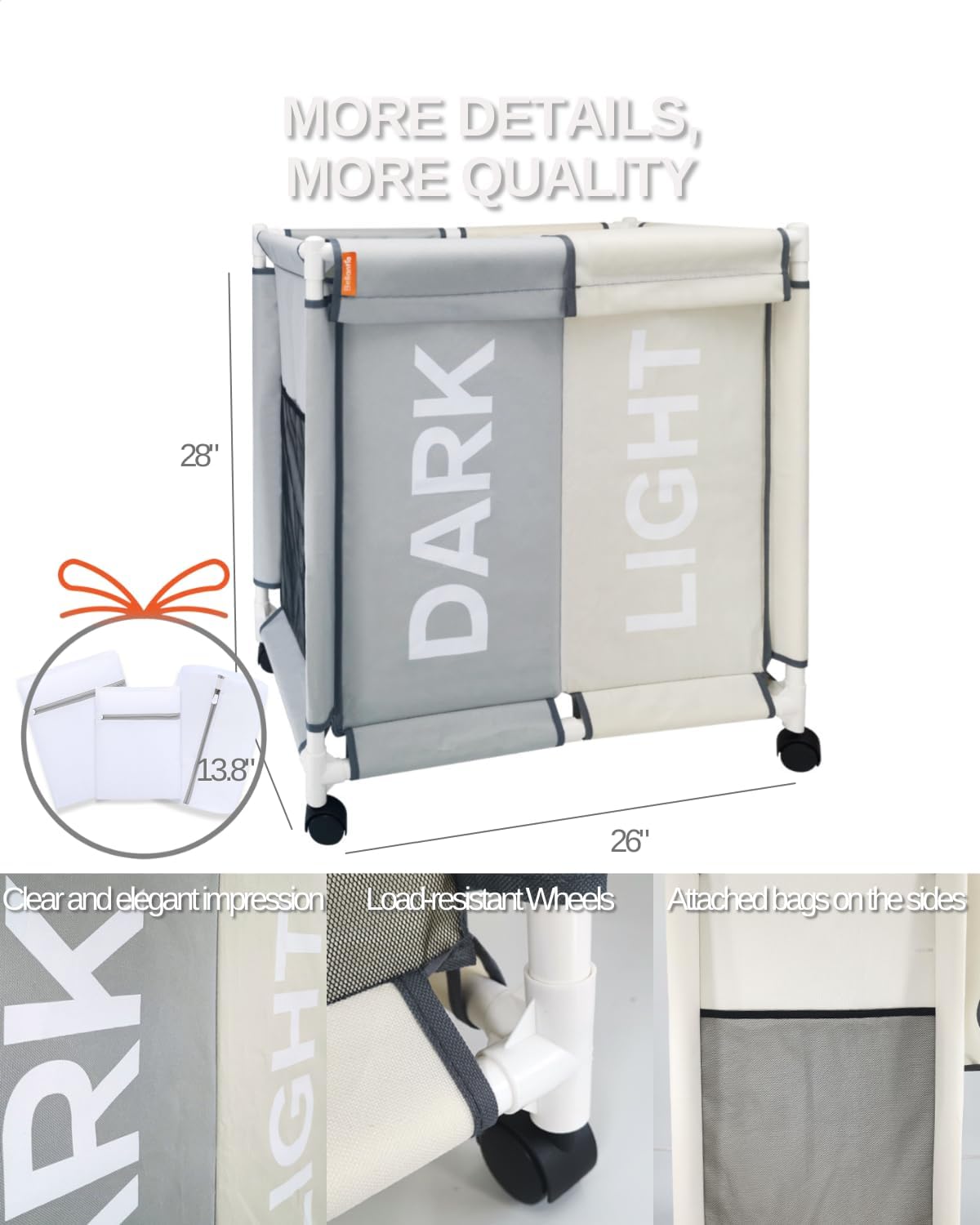 Cesta de lavandería con tapa, juego de bolsas de lavado de 120 litros, clasificadora portátil, carrito plegable con ruedas y compartimentos,