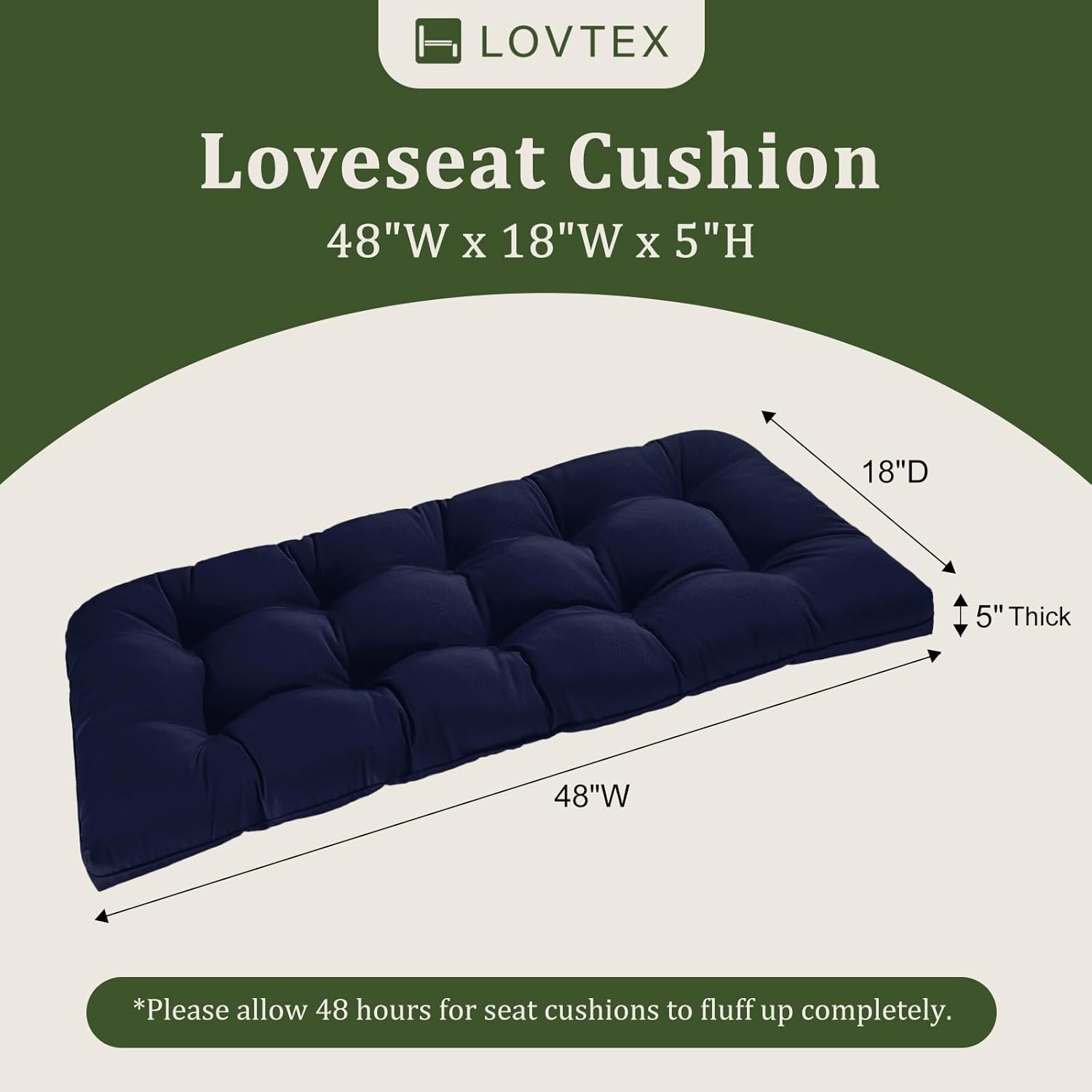 LOVTEX Cojines de banco copetudos para muebles de exterior, 48 x 18 pulgadas, cojines de columpio de patio azul marino, cojines de sofá biplaza para