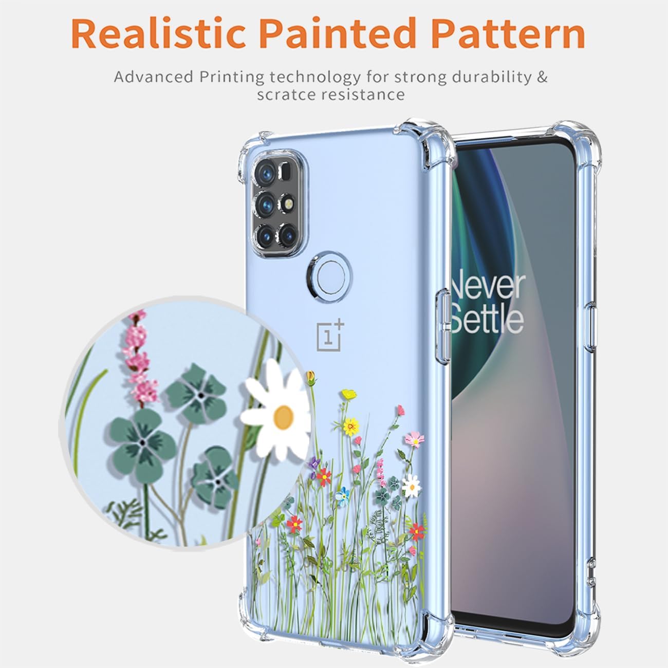 Funda para OnePlus Nord N100, OnePlus N100 BE2013 con protector de pantalla, funda transparente con patrones de jardín de flores, funda protectora