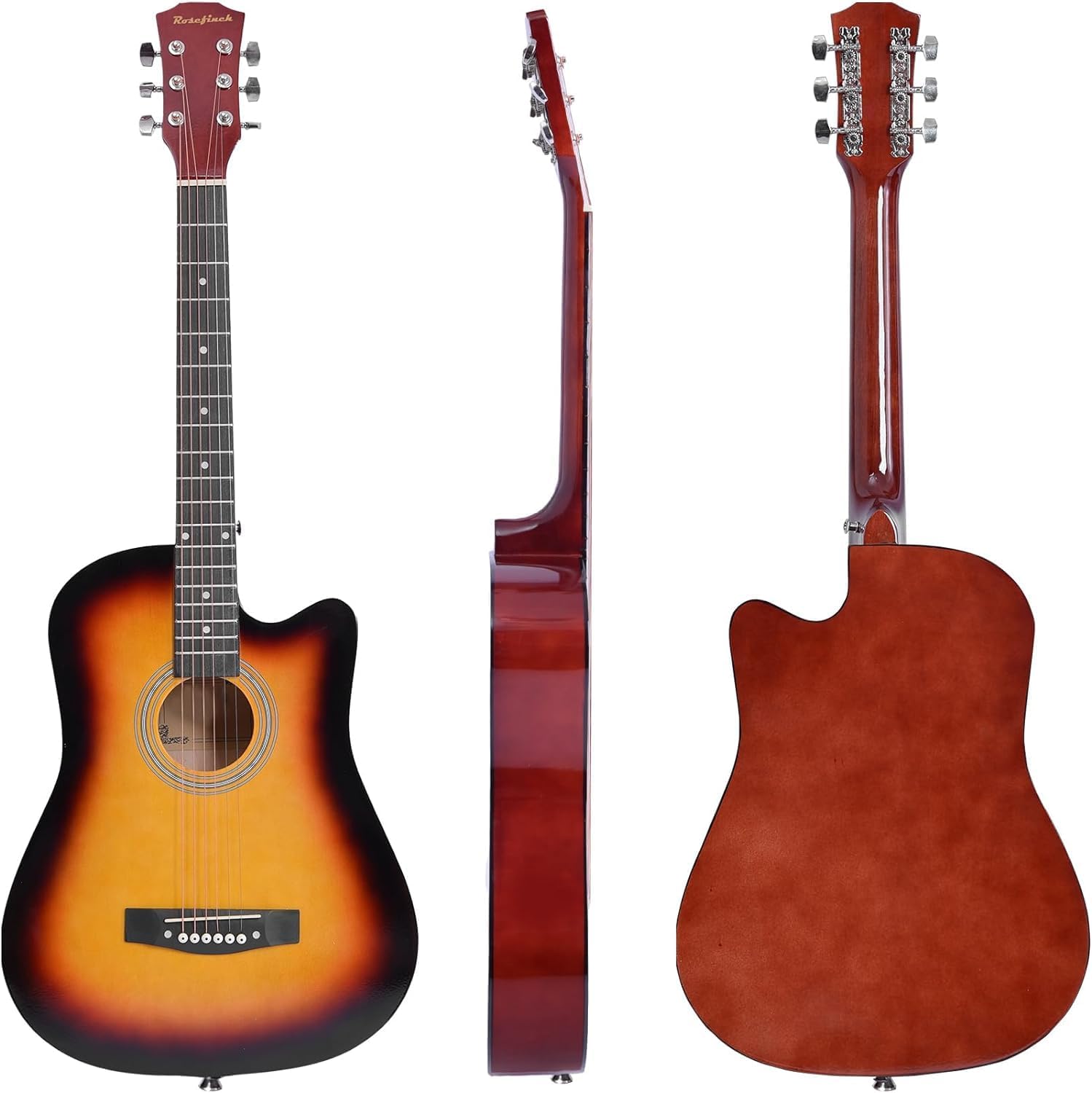 Rosefinch Guitarra acústica de 38 pulgadas, tamaño 34, para principiantes, adultos, niños, viajes, con kit de iniciación de correa de guitarra