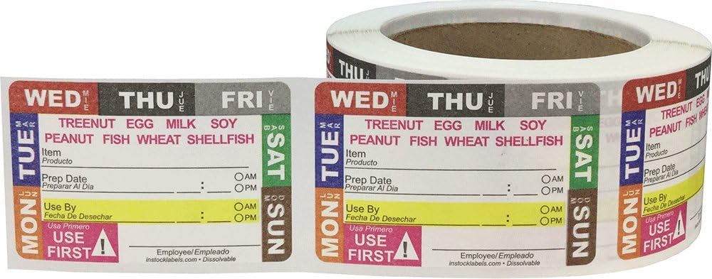 Etiquetas de advertencia de alergia universales solubles para uso en rotación de alimentos por preparación de alimentos días de la semana,