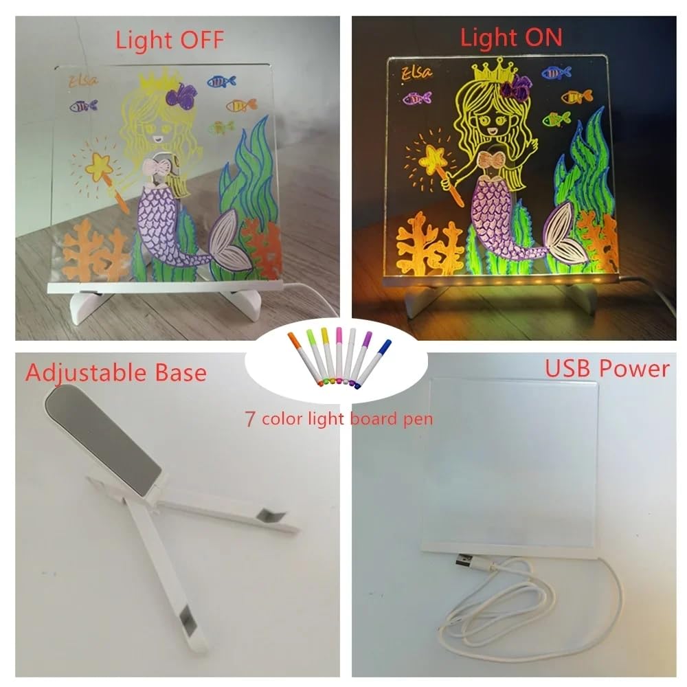 Tablero de notas LED con colores, tablero acrílico de borrado en seco con luz, pizarra de borrado en seco con soporte como un memo brillante,