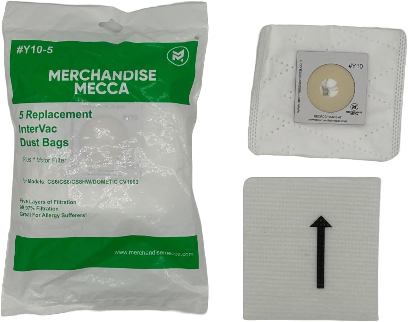 Bolsas Y10 de repuesto prémium para los modelos Intervac CS-6, CS-8 y CS-10  Contiene 5 bolsas de tela y 1 filtro de motor  Reemplaza OEM # Y10-5