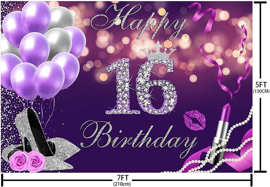 Telón de fondo de feliz cumpleaños número 16 de 7 x 5 pies, globos Bokeh morados con purpurina plateada con purpurina, fondo de lápiz labial de