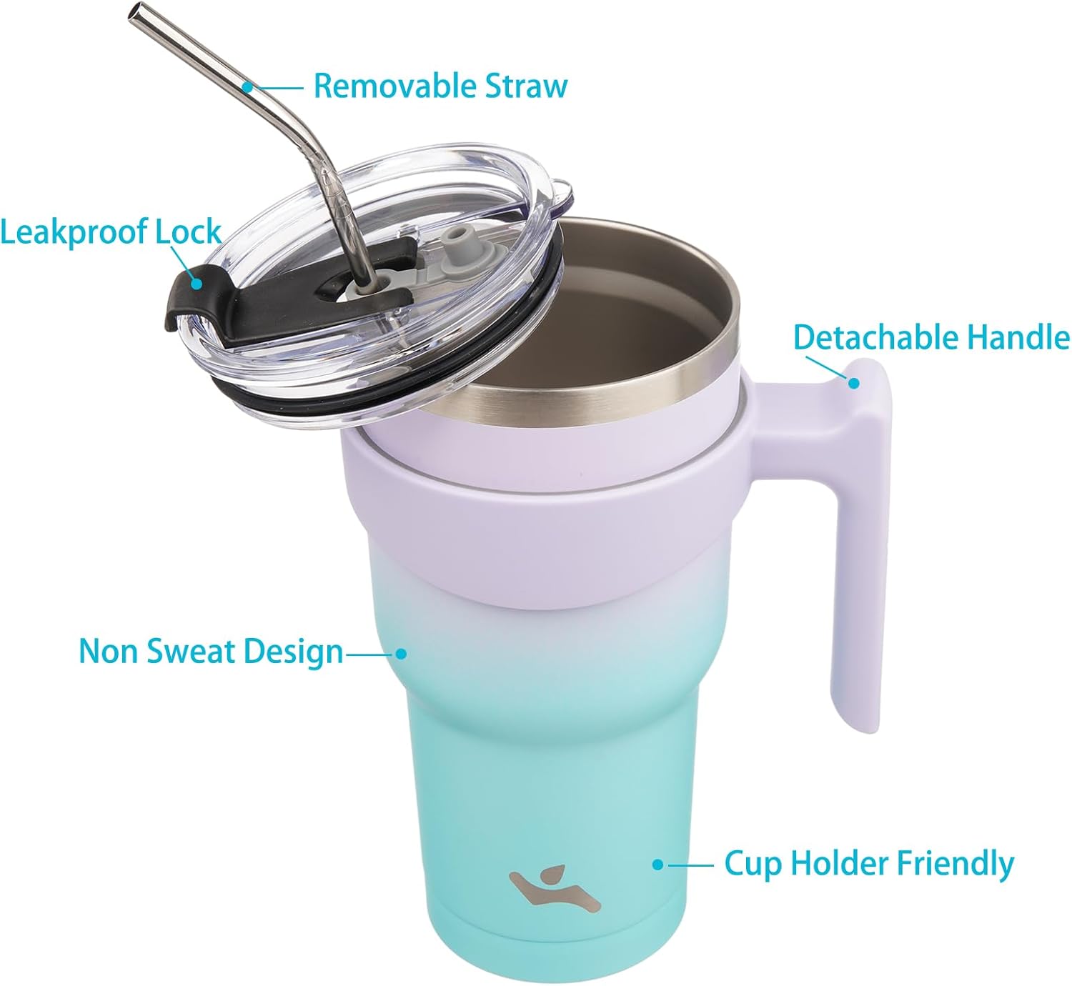 Vaso de 40 onzas con asa y 2 pajillas, 2 tapas, botella de agua aislada de acero inoxidable al vacío, taza reutilizable para viaje, Oasis