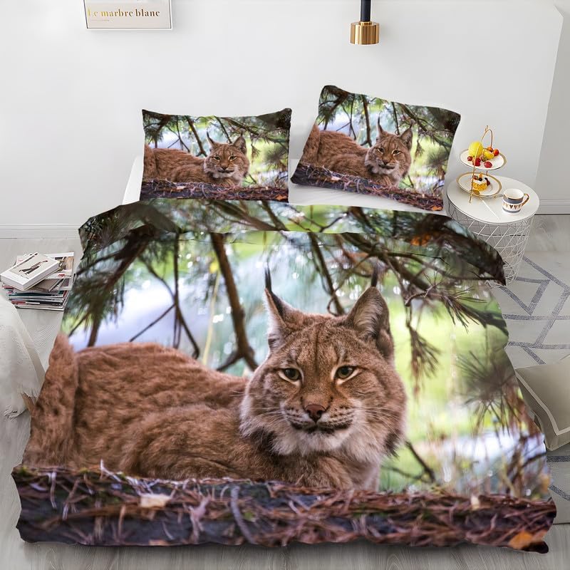 Reddish Brown Lynx King Duvet Cover Animal Print King Bedding Set Soft Microfiber Comforter Cover and 2 Pillow Shams 20″X36″, Bed Set Duvet Covers