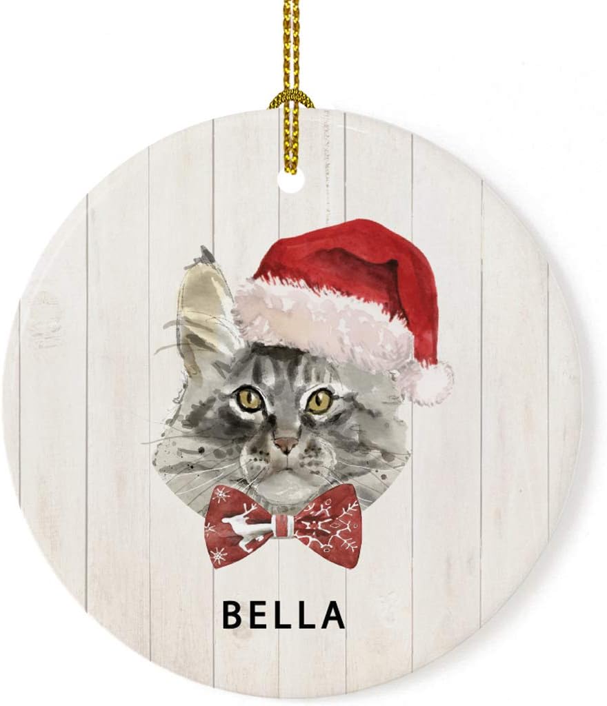 Andaz Press Adorno redondo personalizado de cerámica para árbol de Navidad, Maine Coon, corona de acebo, sombrero de Papá Noel, nombre