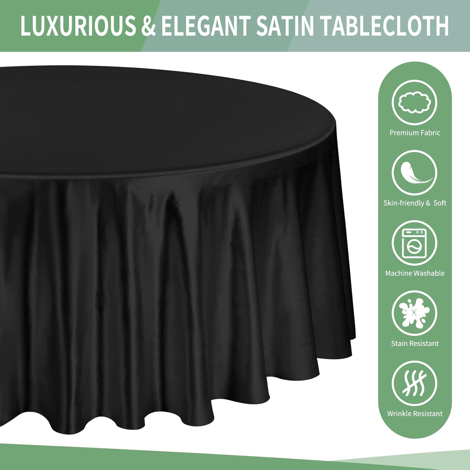 Paquete de 10 manteles de satén de 108 pulgadas, color negro, redondo, sedoso, de tela lavable, de seda brillante, para decoración de bodas,