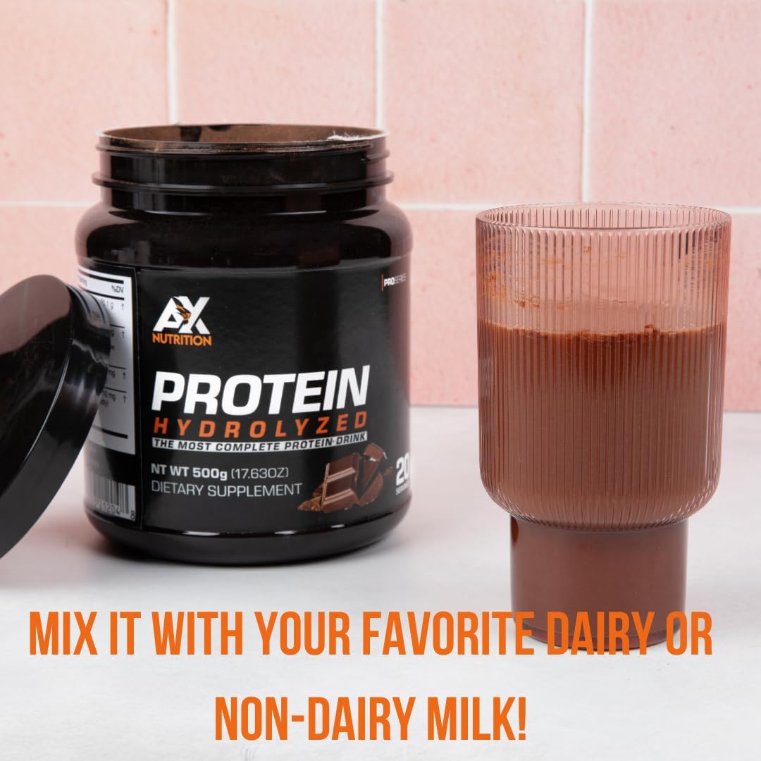 AX Nutrition Proteína hidrolizada en polvo de 17.64 oz  Sabor a chocolate  Colágeno hidrolizado infundido con una mezcla de vitaminas  Apoya el