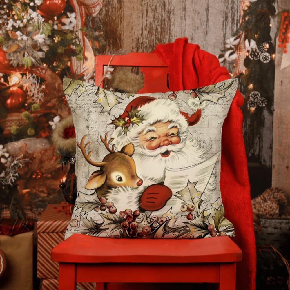DFXSZ Juego de 4 fundas de almohada navideñas de 20 x 20 pulgadas, diseño de reno de Papá Noel, vintage, decoración retro de casa de campo para el