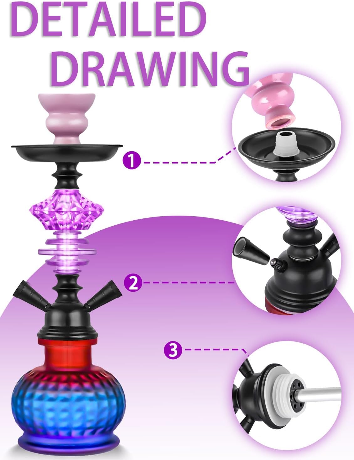 Juego de cachimba de 12 pulgadas con 2 mangueras Shisha Hookah Set con todo – Jarrón de vidrio moderno, 50 láminas de narguile y 50 puntas de